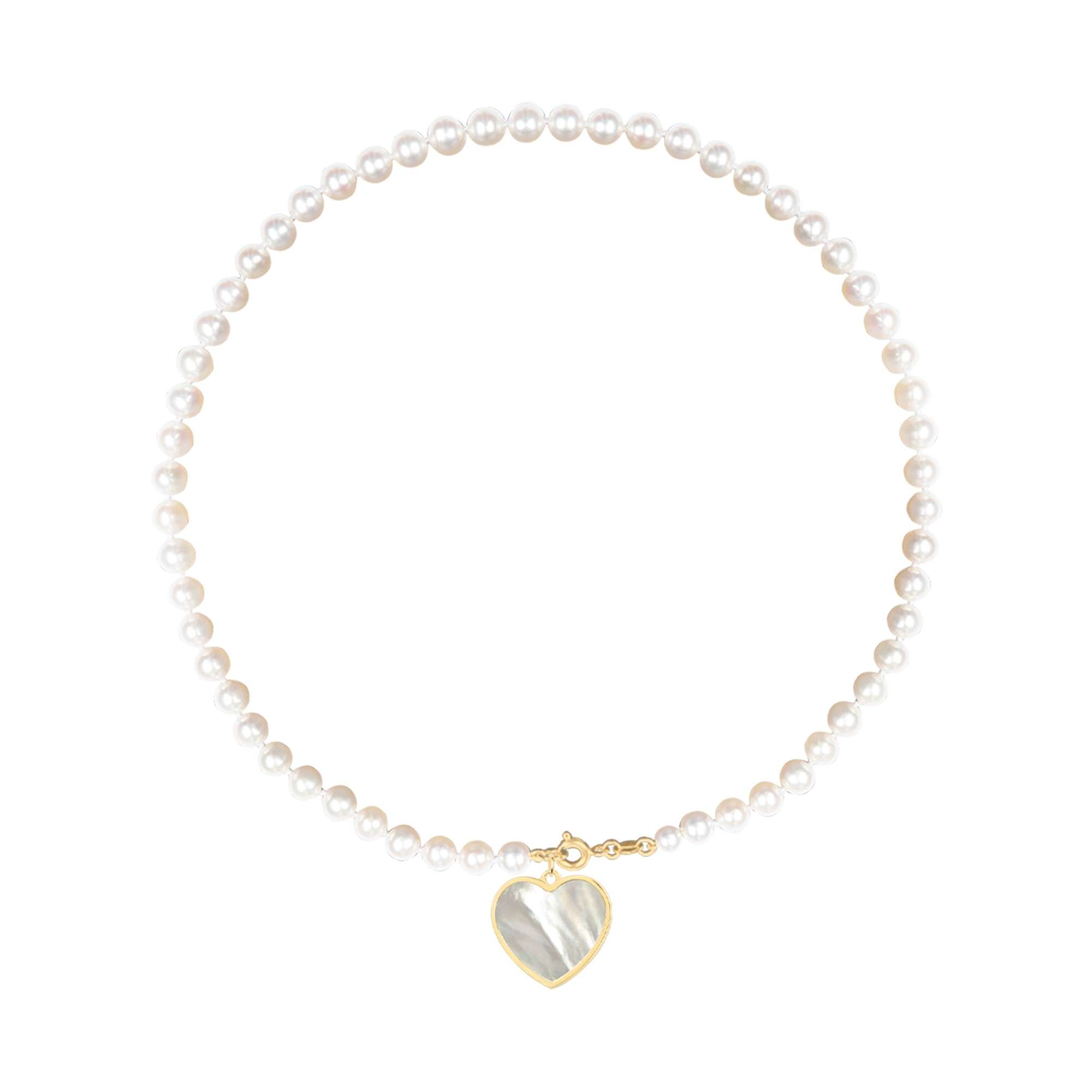 Short necklace with natural pearls, detachable heart pendant, 14K yellow gold, Madre Perla stone